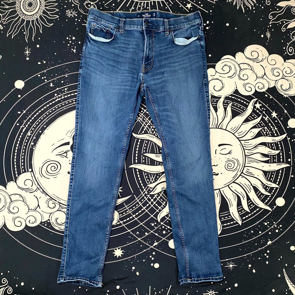 Hollister Jeans Men 36x32 Blue Cotton Denim Skinny Faded Workwear Stretch Casual